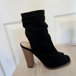 Lulus Black Open Toe Open Back Zip Up Scrunched Stacked Heel Booties Size 7